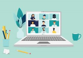 people connecting together, learning or meeting online with teleconference, video conference remote working on laptop computer, work from home and work from anywhere concept, flat vector illustration